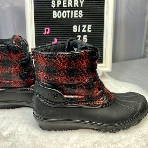 Sperry Red & Black Plaid Saltwater 🌨 Wedge Tide Wool Ankle Boots - 7.5 - Picture 3 of 14